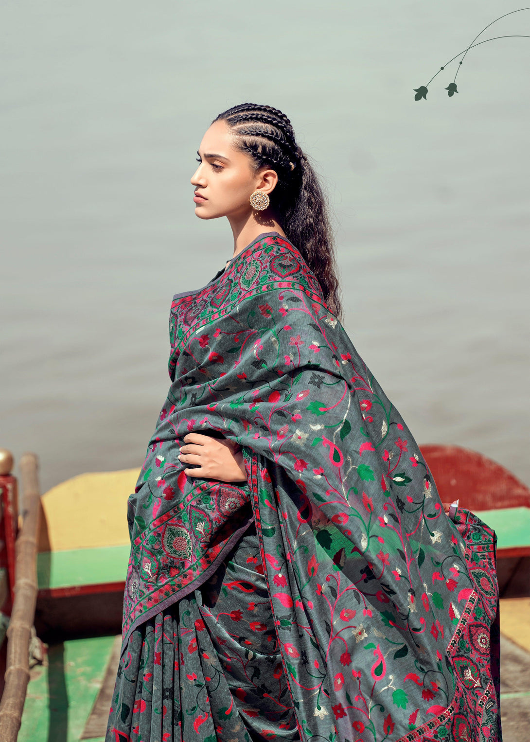 Gorgeous Grey Floral Printed Modal Pashmina Saree with Blouse Piece - Indiakreations