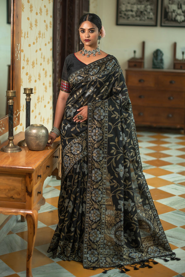 Women's Black Woven Tussar Silk Saree With Tassels - Vishnu Weaves