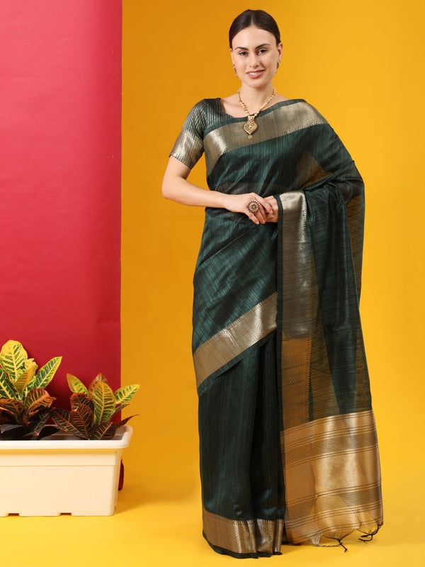 Women's Bt Green Woven Tussar Silk Saree With Tassels - Vishnu Weaves