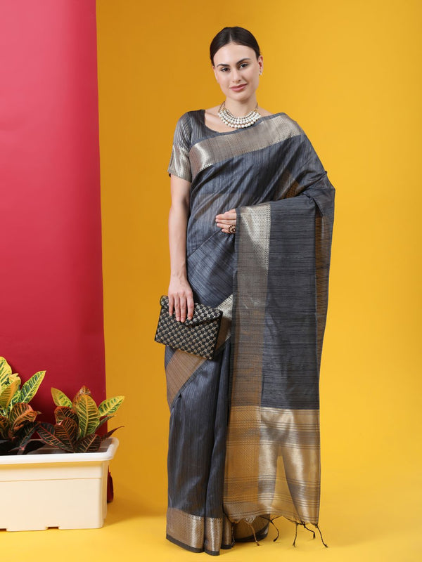 Women's Grey Woven Tussar Silk Saree With Tassels - Vishnu Weaves