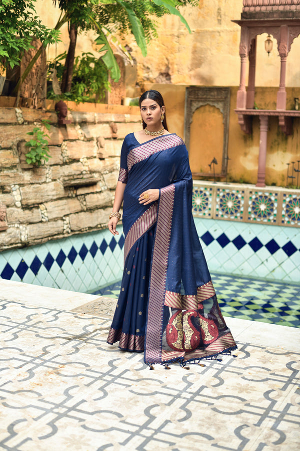 Women's Blue Woven Cotton Silk Saree With Tassels - Vishnu Weaves