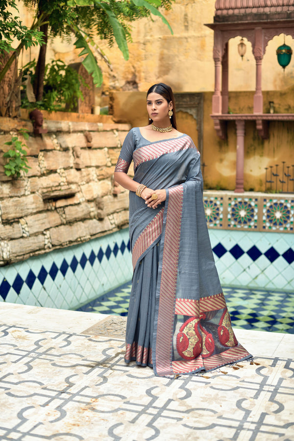 Women's Grey Woven Cotton Silk Saree With Tassels - Vishnu Weaves