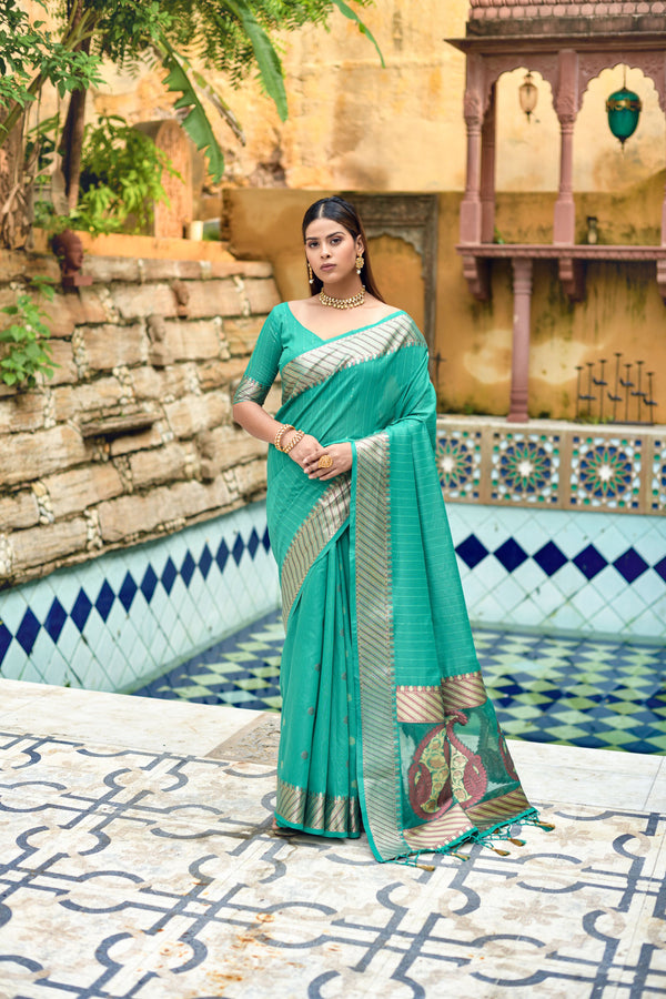 Women's Sea Green Woven Cotton Silk Saree With Tassels - Vishnu Weaves