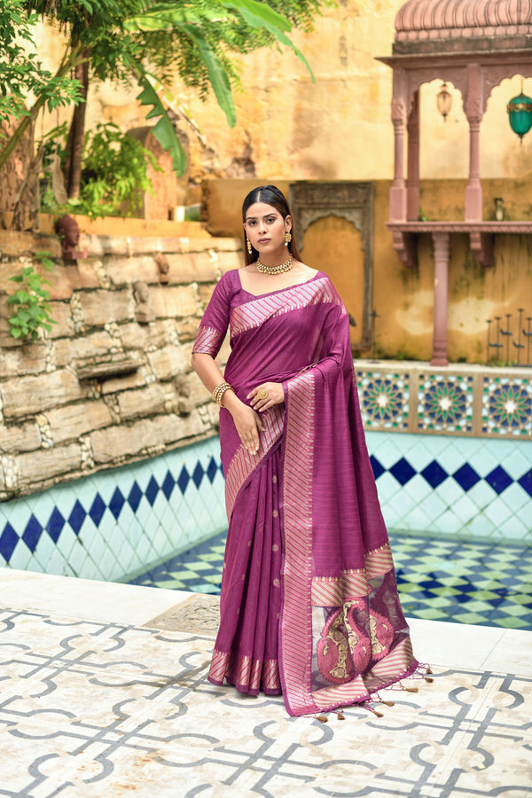 Women's Wine Woven Cotton Silk Saree With Tassels - Vishnu Weaves