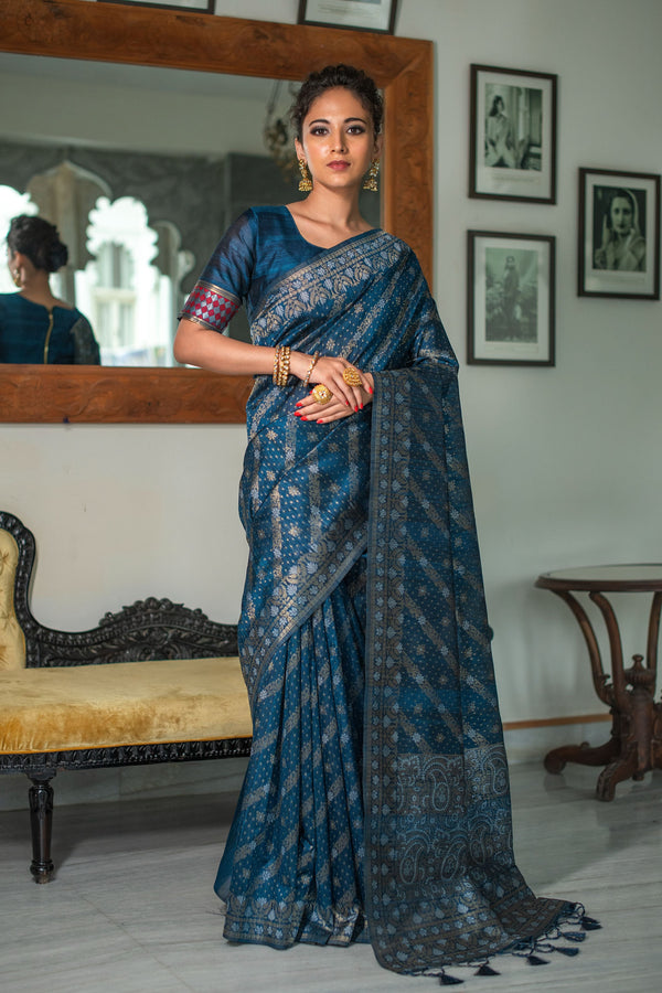 Women's Blue Woven Tussar Silk Saree With Tassels - Vishnu Weaves