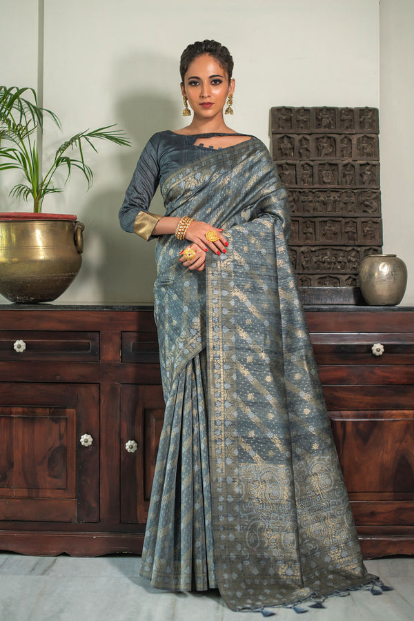 Women's Grey Woven Tussar Silk Saree With Tassels - Vishnu Weaves