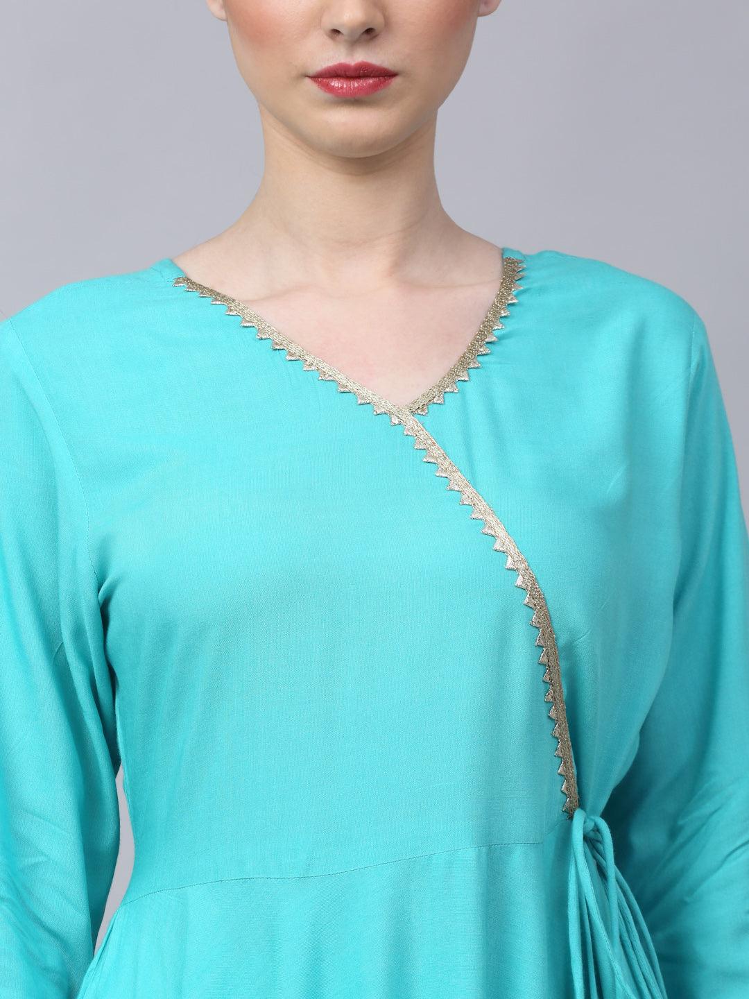 Women's Aqua Blue Angrakha Style Flared Kurta With Sharara - Rudra Bazaar - Indiakreations