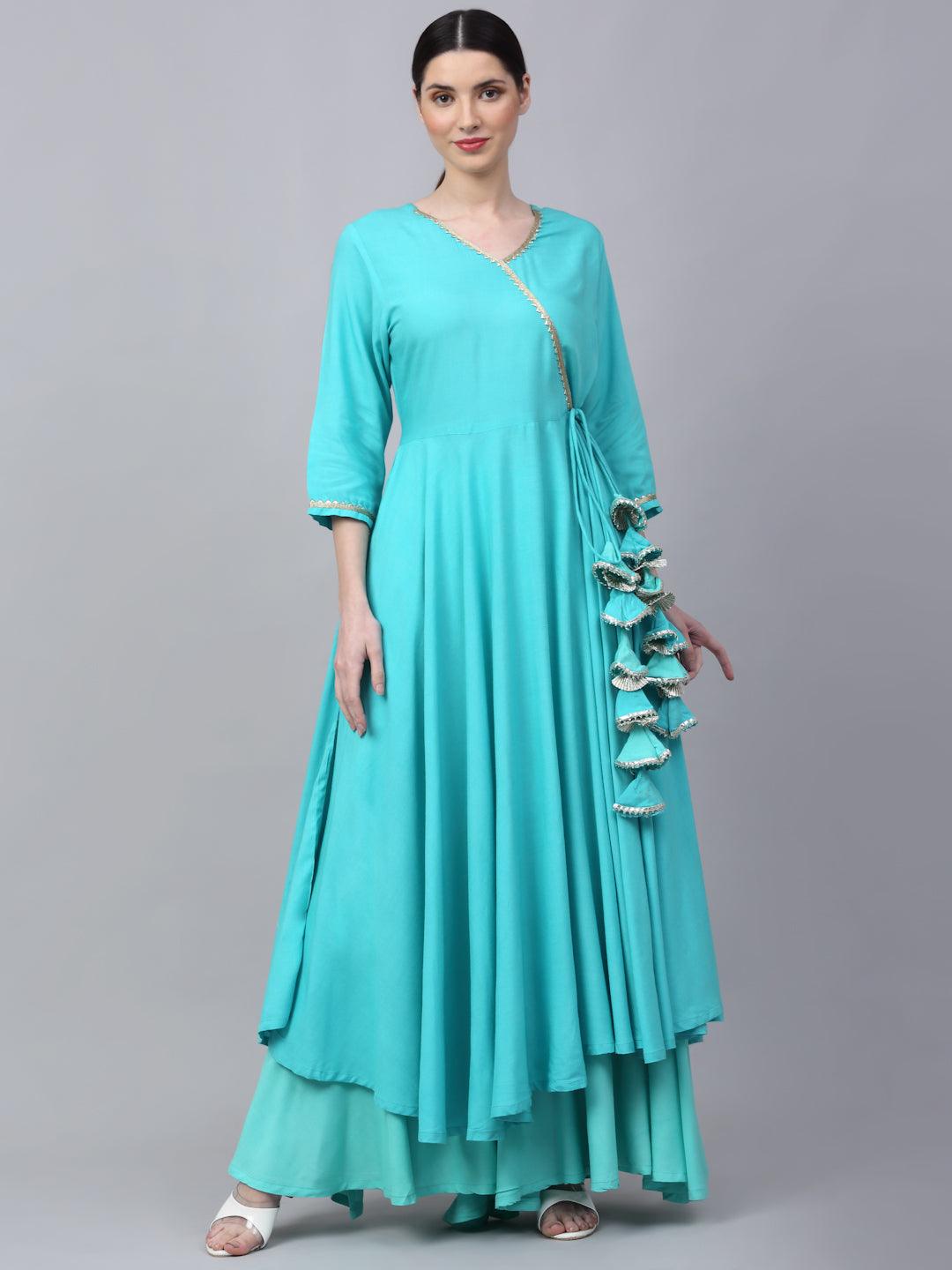 Women's Aqua Blue Angrakha Style Flared Kurta With Sharara - Rudra Bazaar - Indiakreations