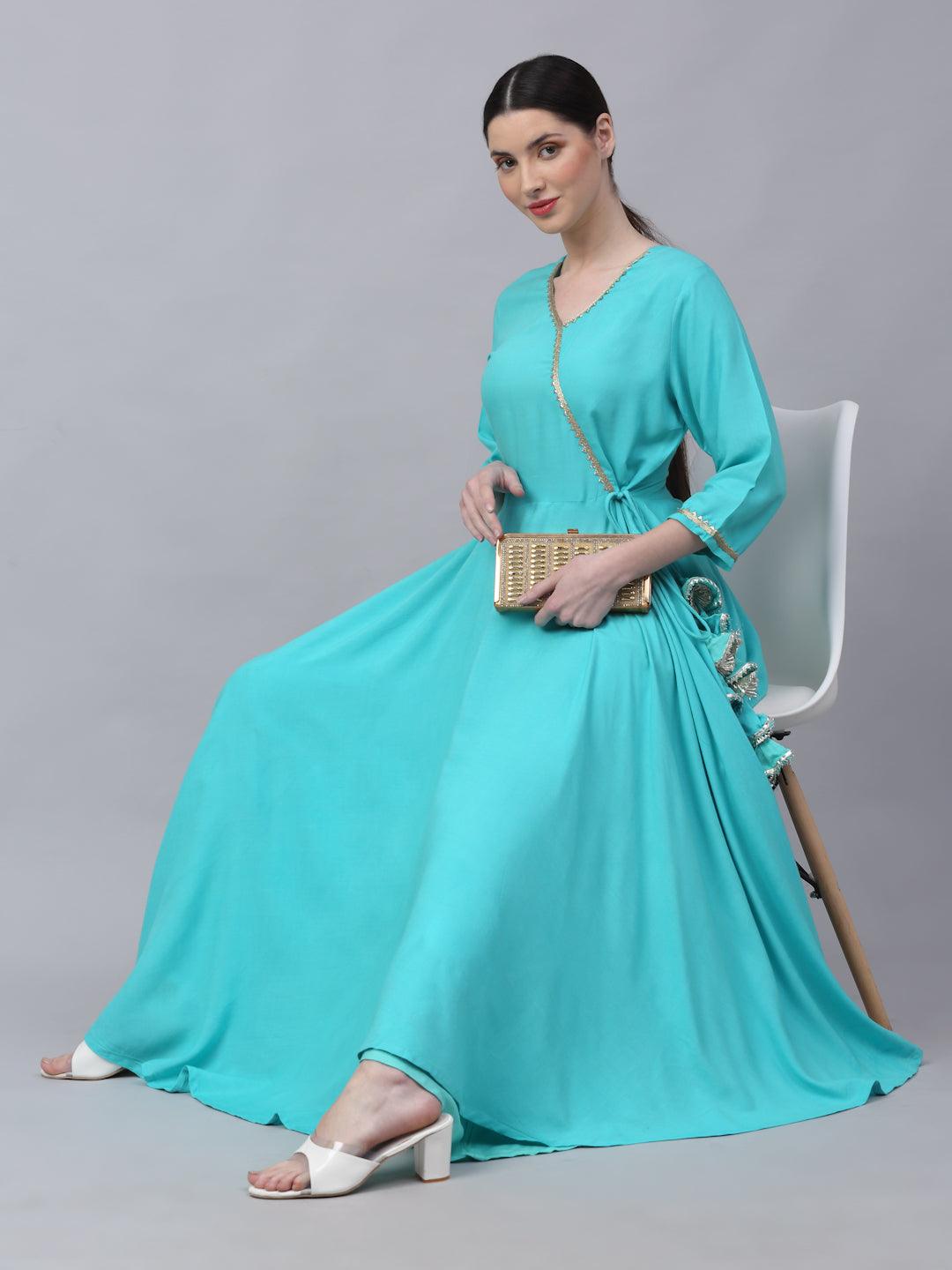 Women's Aqua Blue Angrakha Style Flared Kurta With Sharara - Rudra Bazaar - Indiakreations