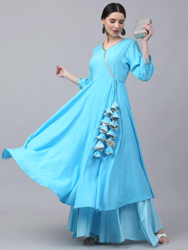 Women's Turquoise Blue Angrakha Style Flared Kurta With Sharara - Rudra Bazaar - Indiakreations