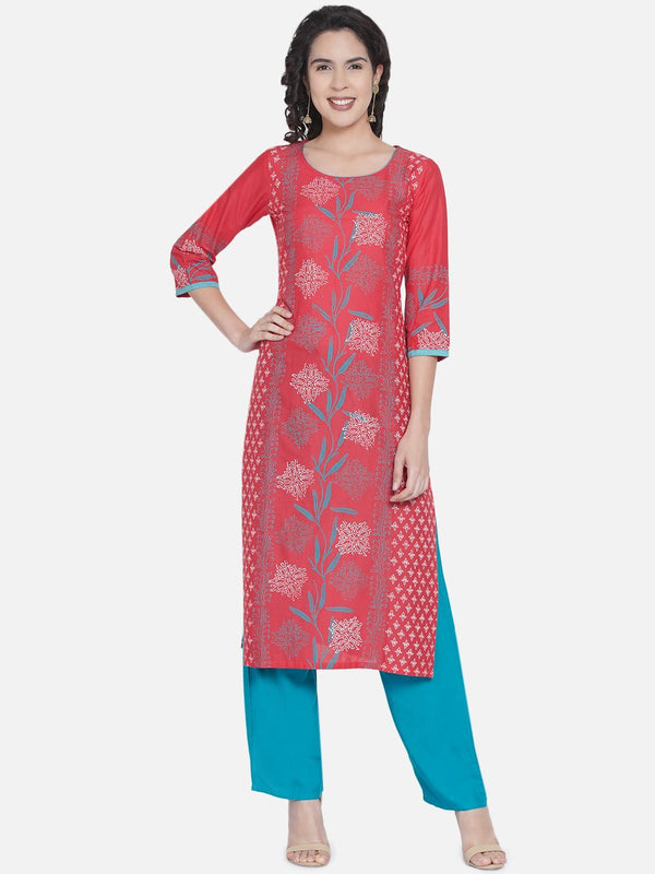 Women's Old Rose Ajrakh Hand Block Cotton Printed Straight Kurta - Noz2Toz