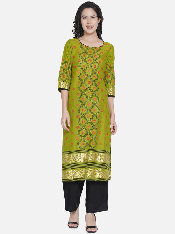 Women's Turtle Green Ajrakh Hand Block Cotton Printed Straight Kurta - Noz2Toz