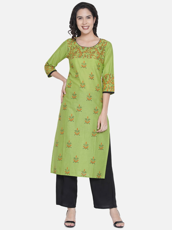 Women's Parrot Green Ajrakh Hand Block Cotton Printed Straight Kurta - Noz2Toz