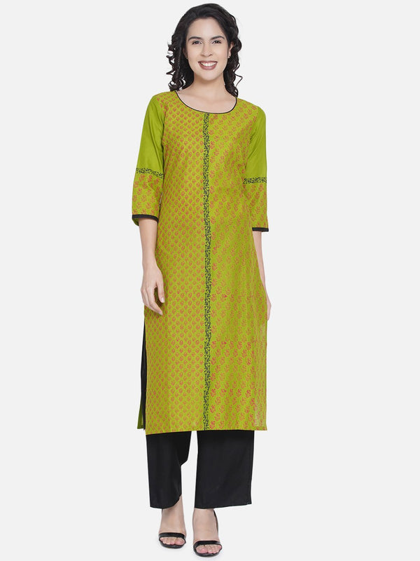 Women's Parrot Green Print Ajrakh Hand Block Cotton Printed Straight - Noz2Toz