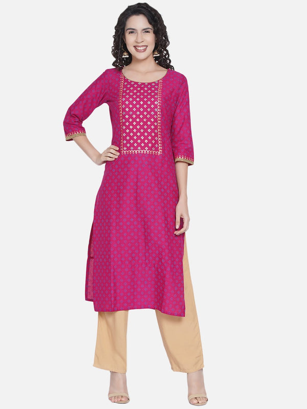 Women's Magenta Floral Print Ajrakh Hand Block Cotton Printed Straight Kurta - Noz2Toz