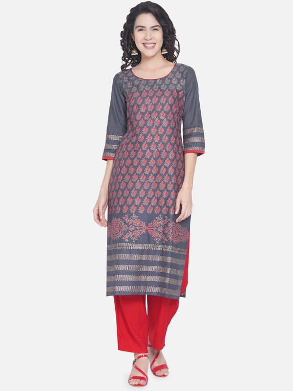 Women's Grey Ajrakh Hand Block Cotton Printed Straight Kurta - Noz2Toz