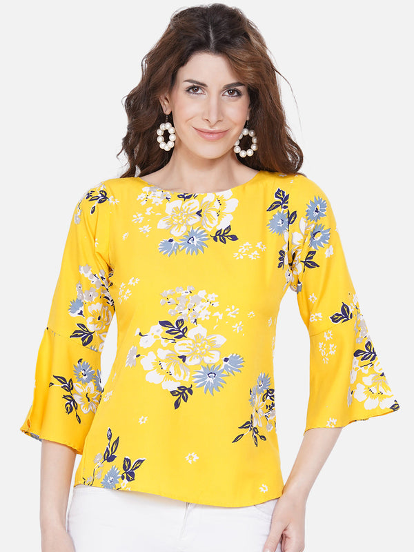 Women's Yellow Floral Print Crepe Top - Wahe-Noor