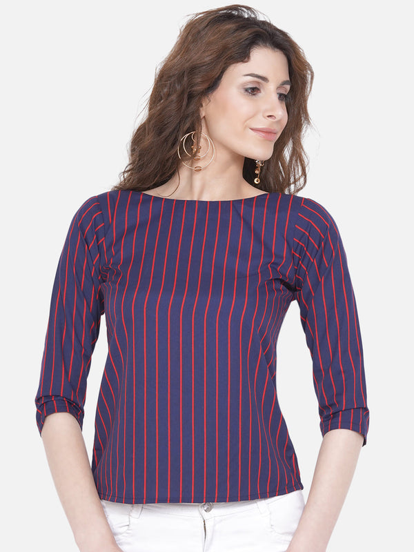 Women's Blue Striped Crepe Top - Wahe-Noor