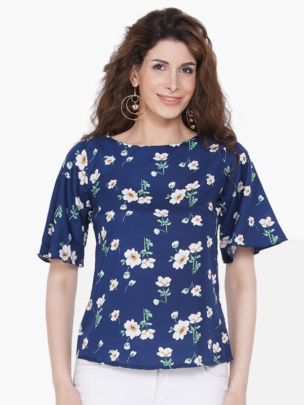 Women's Blue Floral Print Crepe Top - Wahe-Noor