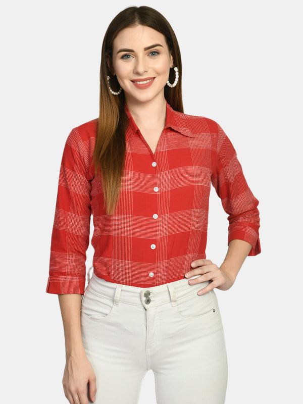 Women's Red Slim Fit Checked Formal Shirt - Wahe-Noor