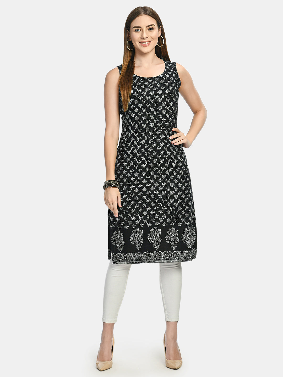 Women's Black & Silver-Toned Ethnic Motifs Handblock Printed Kurta - Noz2Toz