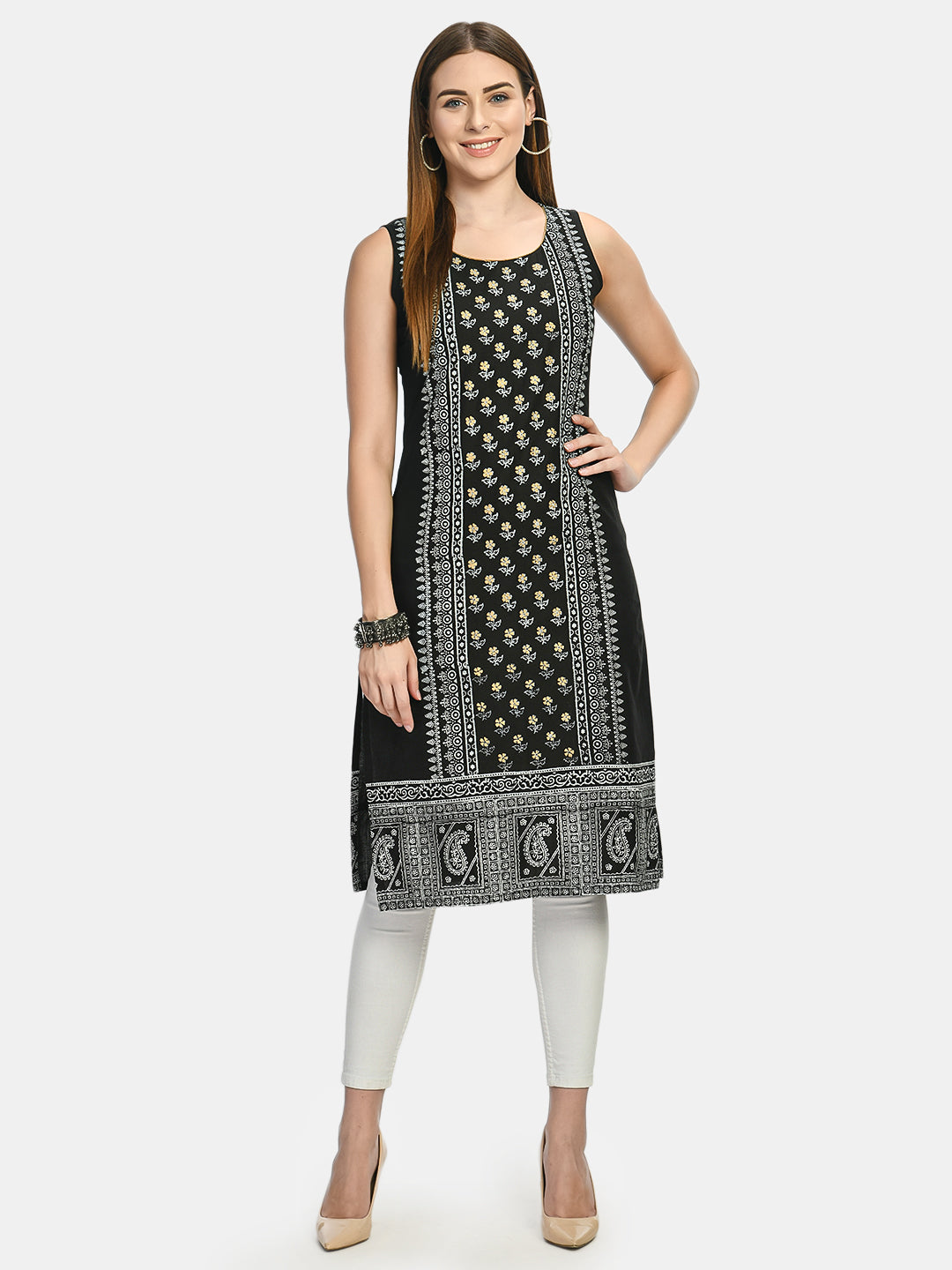 Women's Black-Golden Handblock Printed Kurta - Noz2Toz