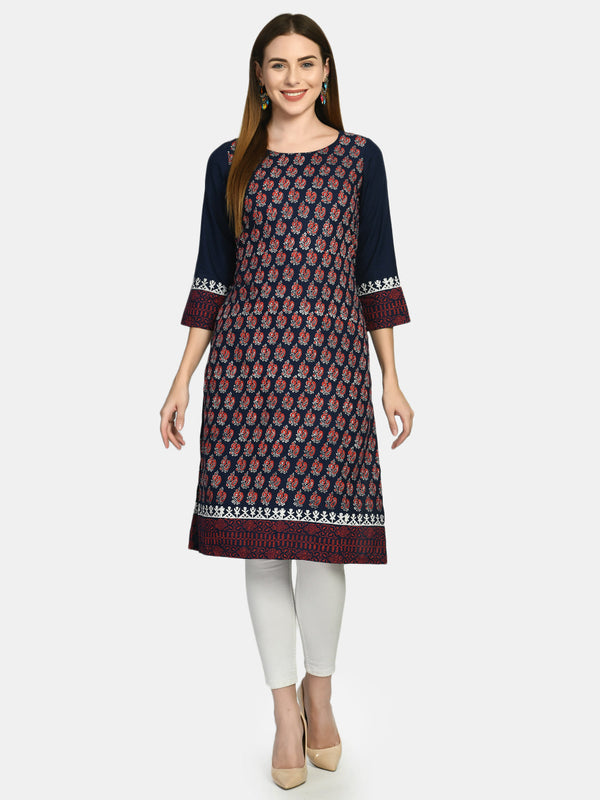 Women's Blue Ethnic Motifs Block Print Kurta - Wahe-Noor