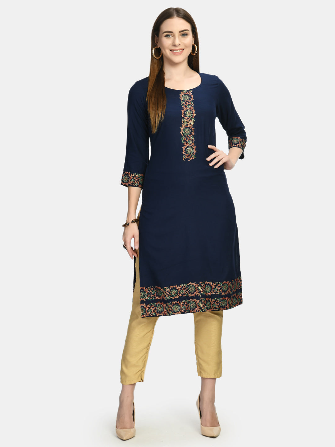 Women's Blue Printed Thread Work Block Print Kurta - Noz2Toz