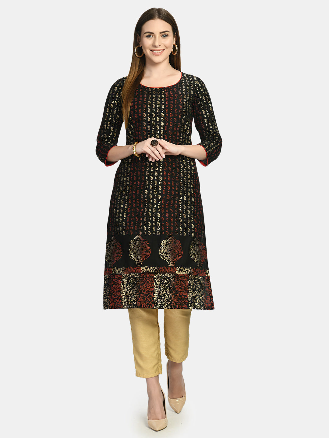 Women's Black Handblock Printed Kurti - Noz2Toz