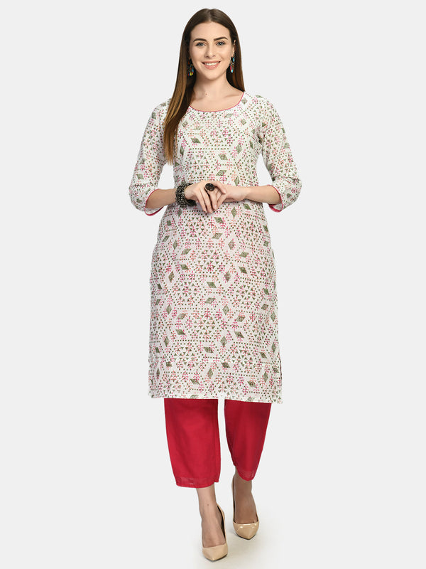 Women's White Printed Kurta - Wahe-Noor