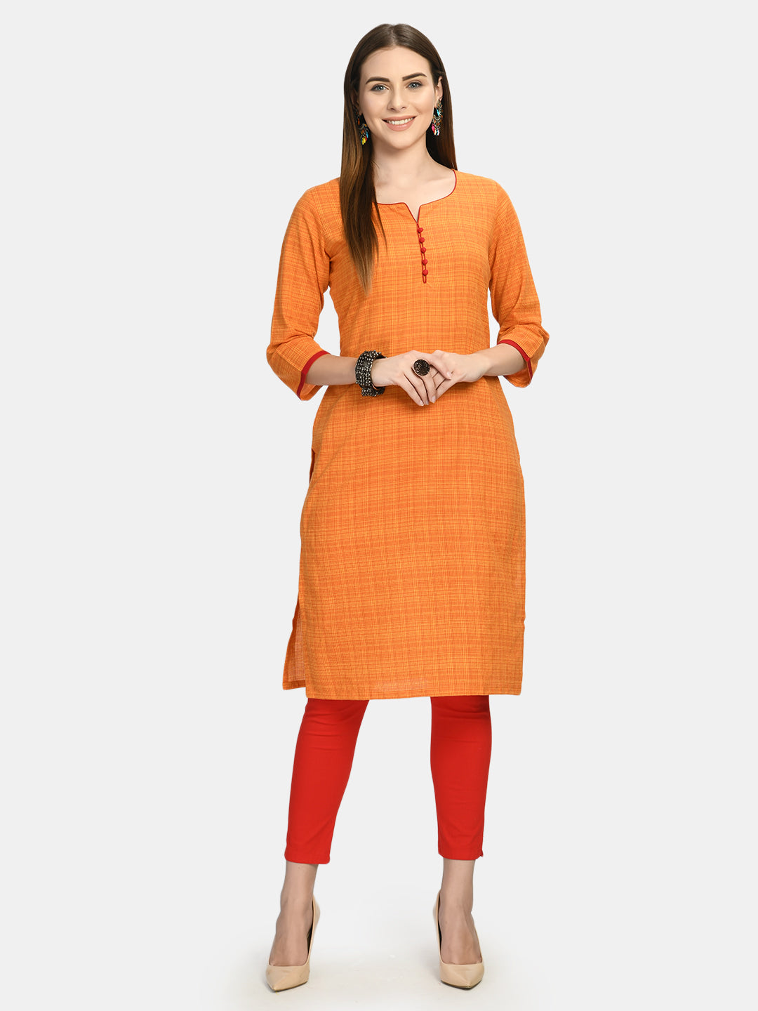 Women's Orange Keyhole Neck Kurta - Noz2Toz