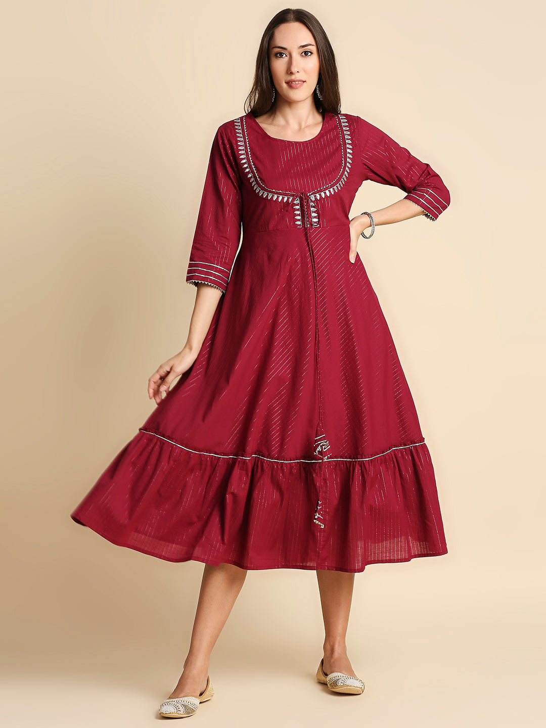 Women's Maroon Striped Ethnic Midi Dress - Anubhutee