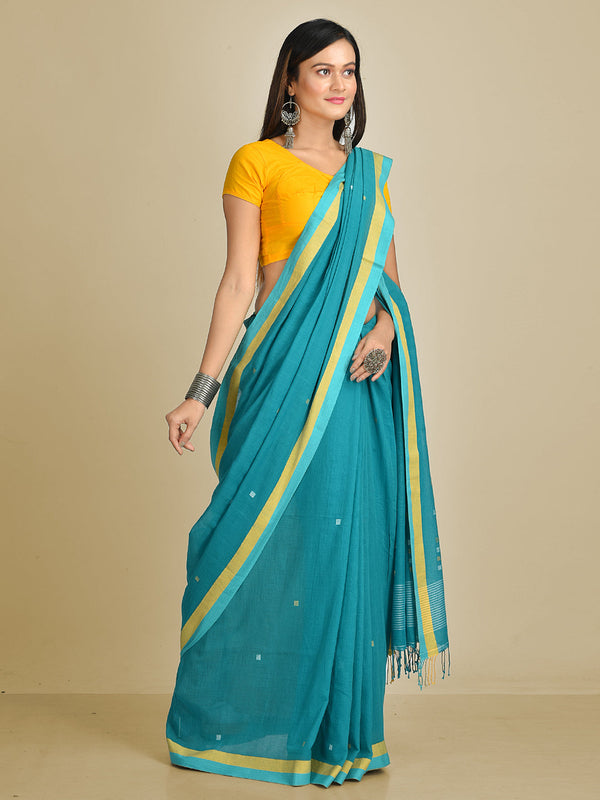 Women's Teal Blue  pure Handspun Cotton Hand woven saree - Sajasajo