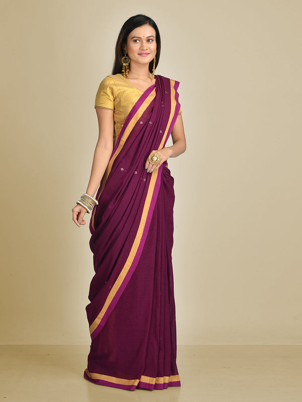 Women's Deep Purple pure Handspun Cotton Hand woven saree - Sajasajo