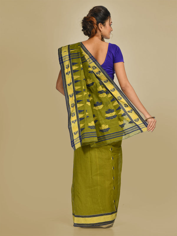 Women's Green Pure Cotton Hand Woven Jamdani Buti Tant Saree-Sajasajo