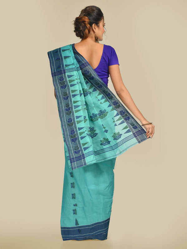 Women's Sea Green Pure Cotton Hand Woven Jamdani Buti Tant Saree-Sajasajo