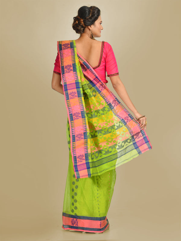 Women's Parrot Green Pure Cotton Hand Woven Jamdani Buti Tant Saree-Sajasajo