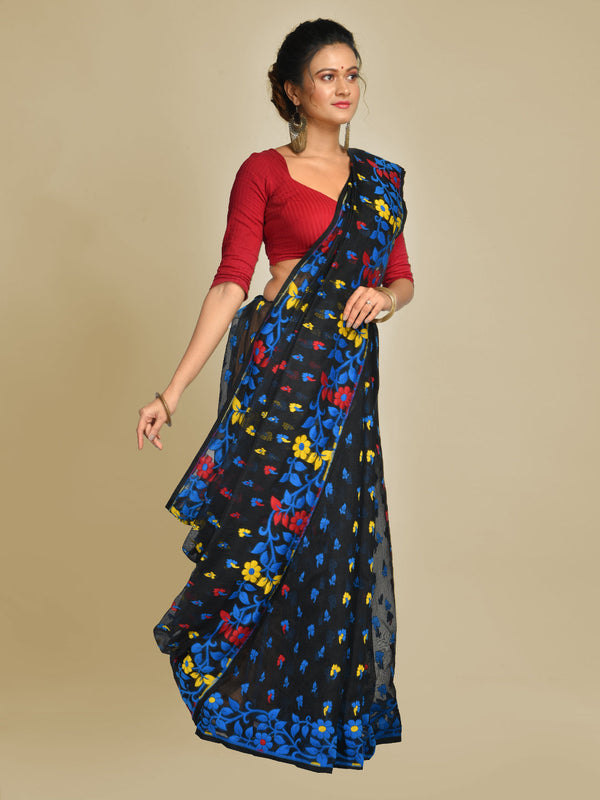 Women's Black and Multicolor Cotton Blended Hand woven soft Jamdani saree - Sajasajo