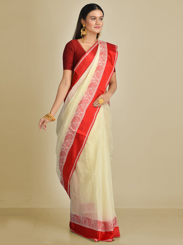 Women's Off White Pure Cotton Hand woven Tant Tangaile Saree - Sajasajo