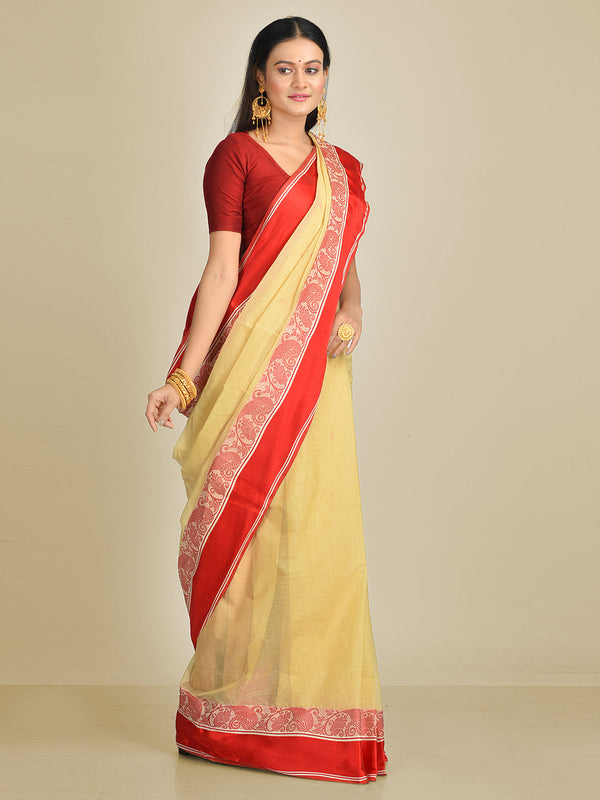 Women's Beige & Red Border Cotton Hand Woven Tant Tangaile Saree-Sajasajo