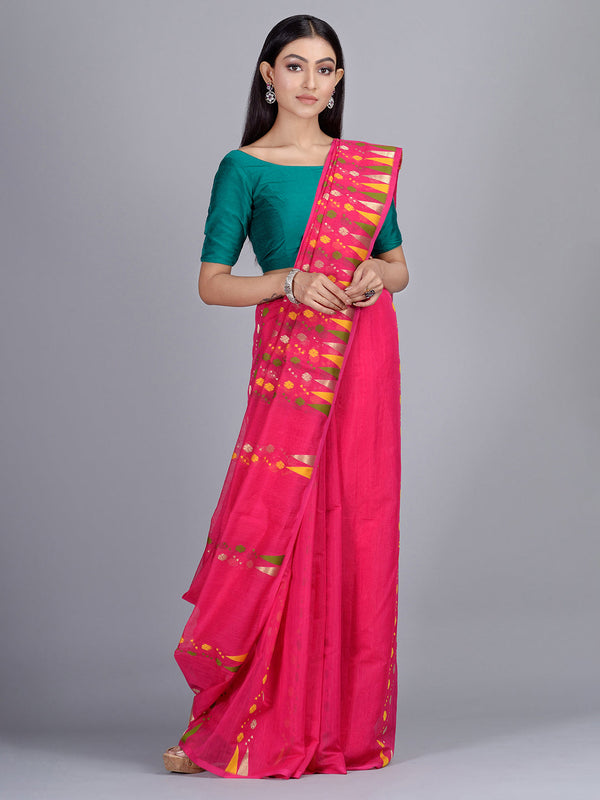 Women's Pink Silk Cotton Hand Woven Jamdani Saree-Sajasajo