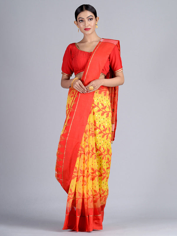 Women's Yellow & Red Handloom Jamdani Saree - Sajasajo