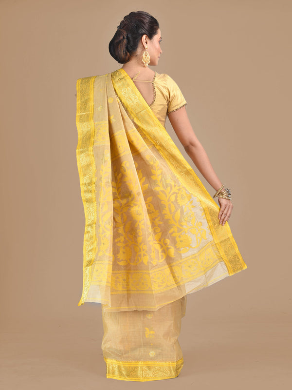 Women's Yellow Hand Woven Tussar Silk Saree-Sajasajo