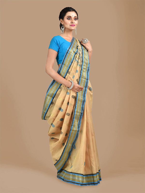 Women's Beige with Blue Tusser Cotton fine quality Hand woven saree - Sajasajo