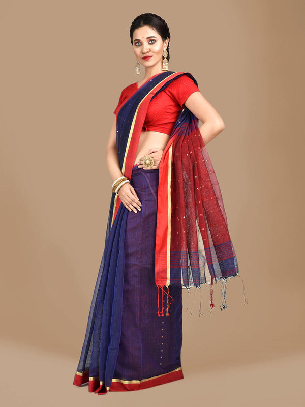 Women's Blue and Red border Blended Cotton Hand woven saree with sequin work - Sajasajo