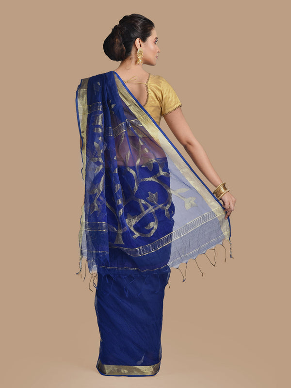 Women's Blue Blended Cotton Hand Woven Zari Work Saree With Unstitched Blouse-Sajasajo