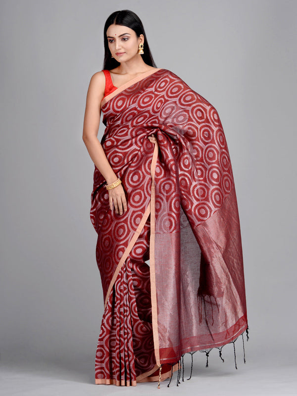 Women's Maroon Hand Woven Cotton Linen Designer Saree With Unstitched Blouse-Sajasajo