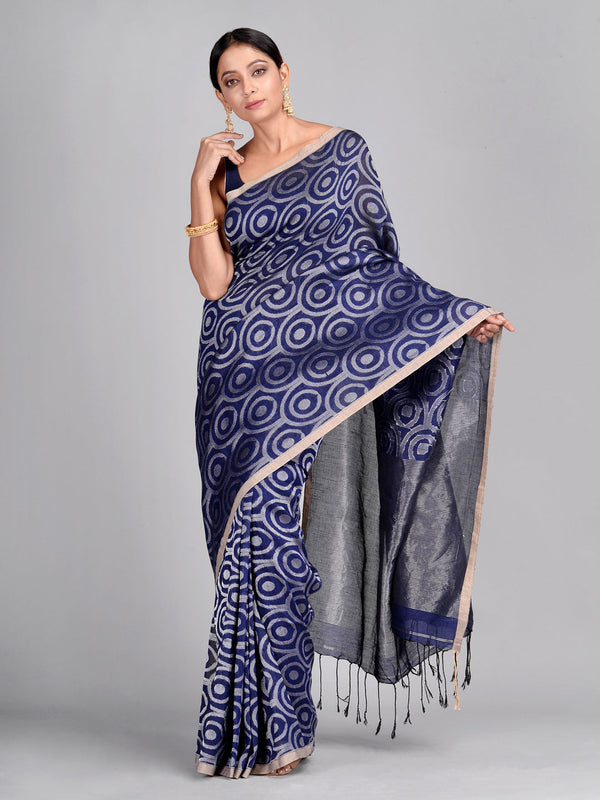 Women's Blue Hand Woven Cotton Linen Designer Saree - Sajasajo