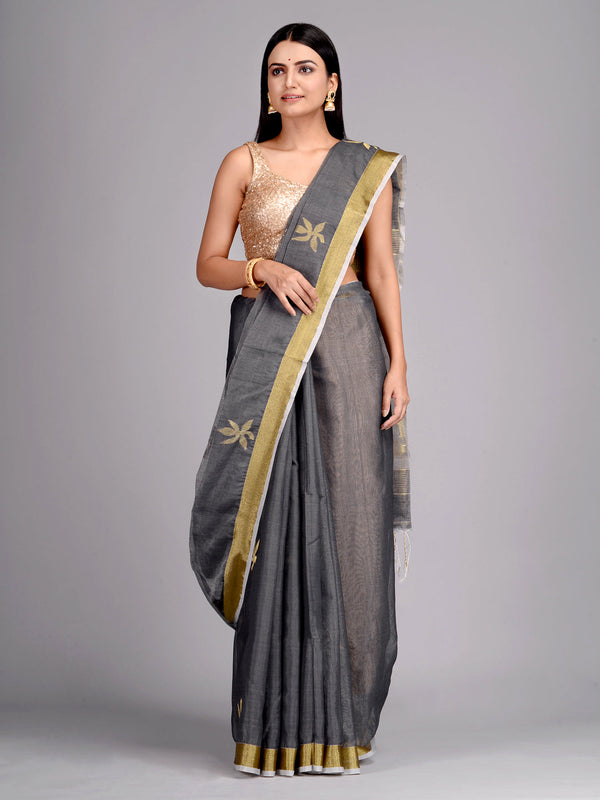 Women's Metallic Silk Cotton Hand Woven Saree with Jamdani work in pallu - Sajasajo