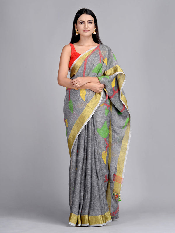 Women's Grey Pure Linen Hand Woven Saree with Jamdani work in pallu - Sajasajo